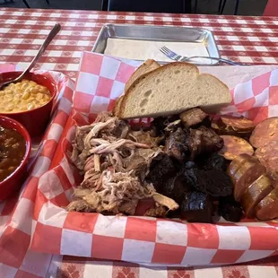 Sampler Platter with burnt ends, sausage, and pulled pork