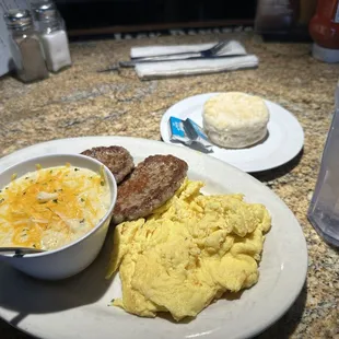 Classic breakfast with sausage and a biscuit
