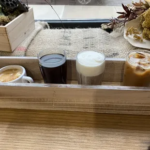Special event coffee flight! (L to R) Affogato, special brew, cold brew with pumpkin cream foam, iced vanilla latte