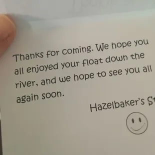 Inside of the thank you note.  Nice to know the business was appreciated.