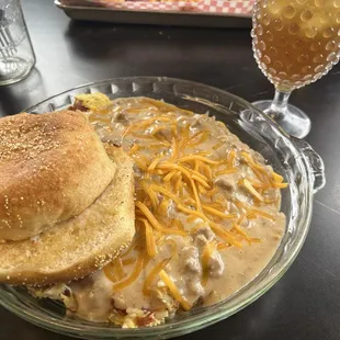 Oink Scrambler with homemade english muffin and fresh brewed iced tea