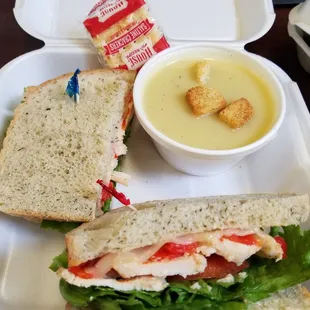 Roasted pepper chicken on rosemary bread with potato soup