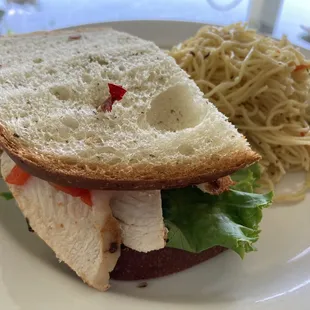 Red pepper chicken sandwich with side of angel hair pasta $9.99
