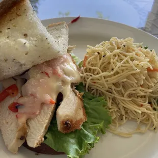 1/2 Roasted red pepper chicken breast sandwich on rosemary focaccia with side of angel hair pasta $9.99