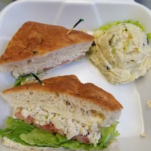 Chicken salad on foccacia and side of potato salad