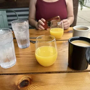 Water, mimosa, coffee