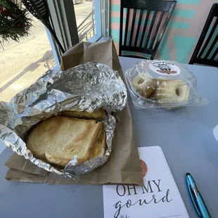 Breakfast sandwich, egg cheese and Turkey sausage. Lemon pound cakes. Americano coffee (not pictured).