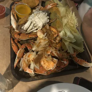 Small crabs, Shrimp, Corn.