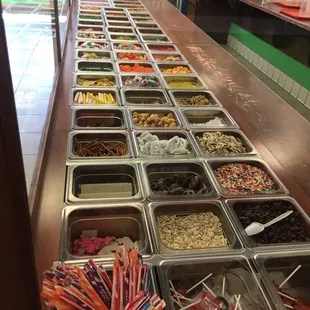 All the fruits, nuts, chips, and candies.