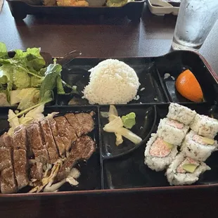 Bento with beef teriyaki and California roll