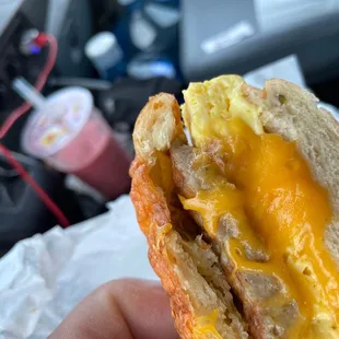 Egg, cheese, sausage bagel &amp; strawberry shortcake smoothie