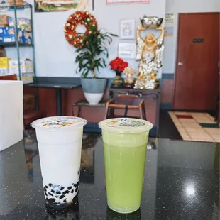 Coconut boba + A3. Celery, cucumber, ginger, lime, spinach, green apple &amp; kale