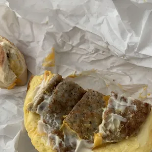 A sausage patty cut into little pieces!