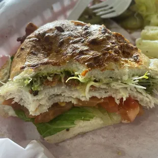 Bread sandwich : turkey, bacon . Highly recommended. Very delicious.