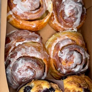 Cinnamon rolls and blueberry muffins