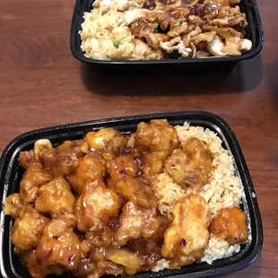 Teriyaki chicken above and Orange chicken below. Both with fried rice.
