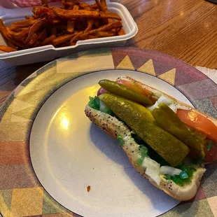 Chicago dog and sweet potato fries