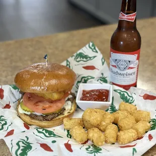 a burger and tater tots