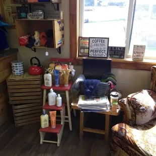 Merchandise and stuffed chair