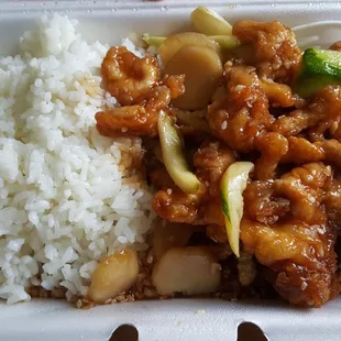 Sesame chicken lunch special, I find that this isn't the "candy" sweet that many of the Troy places have for sesame chicken.