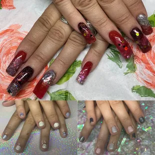 Fill/re- balance on one of my dearest friends; also a regular polish on one of her dgtrs and a gel polish on her other dgtr.