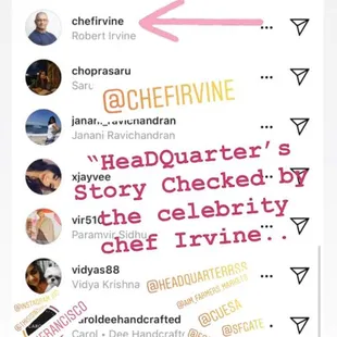 "HeaDQuarter's Instagram page visited by 

Celebrity Chef Robert Irvine (@chefirvine).

Such An Honor..