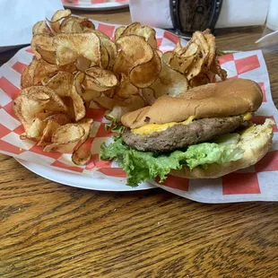 Burger and ribbon fries