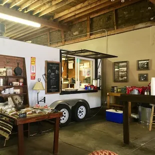 a food truck in a warehouse