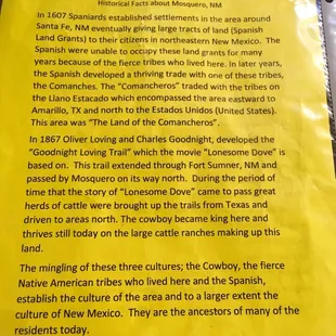 History of the area on the back of the menu!