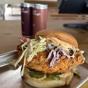 Fried chicken sando and some wine