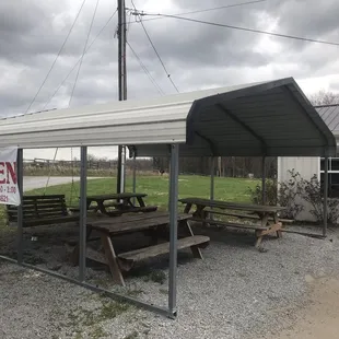 a covered picnic area with picnic tables