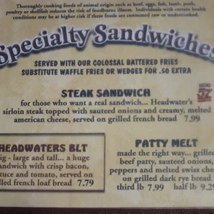 Menu: Specialty Sandwiches