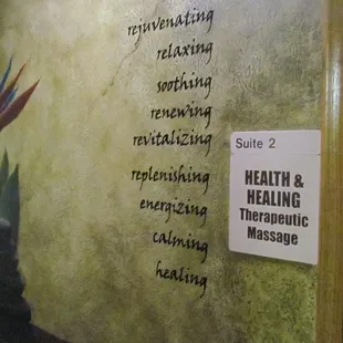 Entrance to Health and Healing Therapeutic Massage Suites.