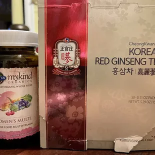 My go-to vegan vitamins and a box of Korean Red Ginseng tea!