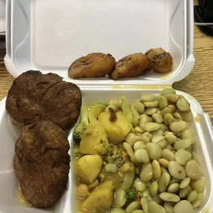 3 item plate with Lima beans, plantain, and Un-Fish Cakes