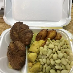 3 item plate with Lima beans, plantain, and Un-Fish Cakes