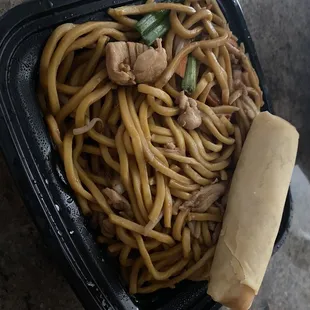 Chicken Lo Mein and egg roll.