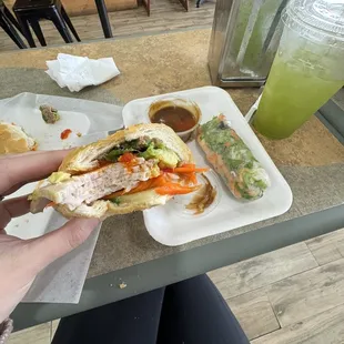 Classic bahn mi, cucumber limeade, shrimp spring roll