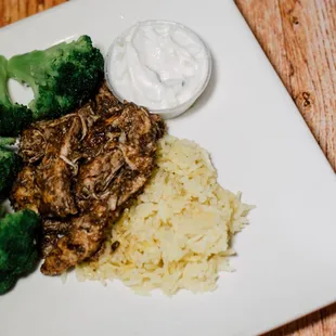 broccoli, rice, and meat