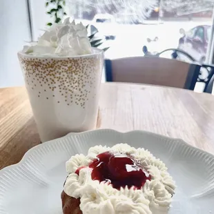 Strawberry filling donut with hot protein coffee