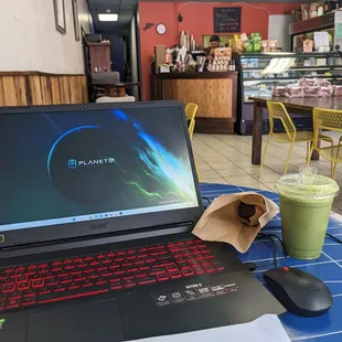 Matcha coconut drink and the best chocolate chip cupcake