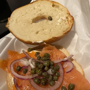 Smoked salmon cream cheese bagel