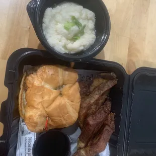 Sausage, egg &amp; cheese croissant with French toast and grits