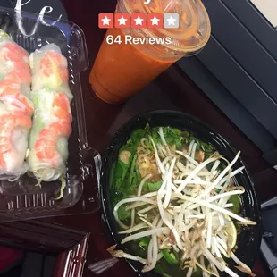 Thai tea, summer roll and shrimp bun bo hue