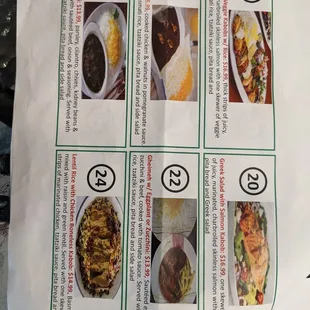 a menu for a variety of foods