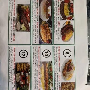 a menu for a variety of foods