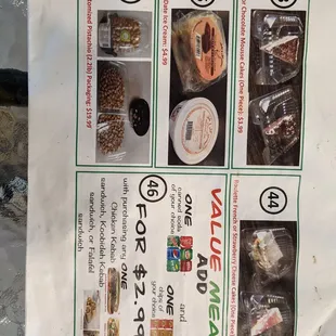a menu for a variety of foods
