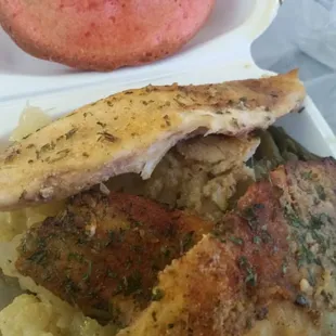 Tilapia, cabbage &amp; green beans. Strawberry cornmuffin