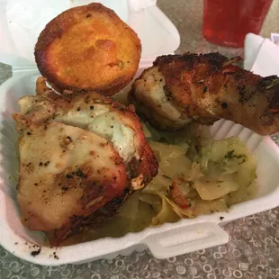 Small plate. Rosemary baked chicken, cabbage, corn muffin, and pomegranate limeade.