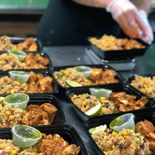 trays of food being prepared